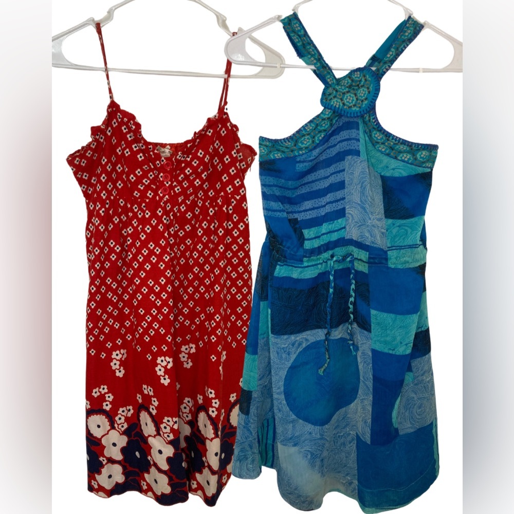 LOT of 2 Summer Sundress, Sz M Dress, Red flowers knee length, Blue mini dress